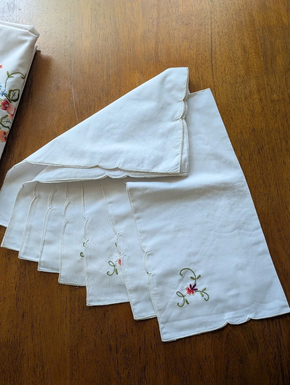 VTG Embroidered Floral Tablecloth - White Pink Green 8 Napkins Eyelet Grandma
